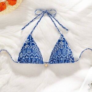 Blue and White Patterned Bikini Top